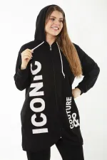 Kadın Büyük Beden Gri Baskı Ve Fermuar Detaylı Kapşonlu Sweatshirt Pantolon Takım 65N37128