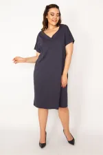 Kadın Lacivert V Yaka Düşük Kollu Elbise 65N33358
