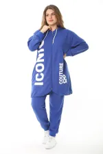 Kadın Büyük Beden Gri Baskı Ve Fermuar Detaylı Kapşonlu Sweatshirt Pantolon Takım 65N37128