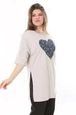 Kadın Büyük Beden Vizon Lak Baskılı Yan Yırtmaçlı Bluz 65N37801