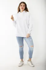 Women's Plus Size Gray Three-Thread Hooded Sweatshirt with Back Print 65N37204