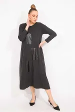 Kadın Antrasit Suni Deri Garnili Uzun Kollu Elbise 65N35528