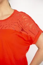 Kadın Beyaz Büyük Beden Pamuk Kumaş Robası Tül Aplike Uzun Bluz