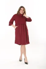 Kadın Büyük Beden Bordo Yaka Kol Ağzı Ve Etek Kısmı Tafta Kumaş Elbise 65N37545