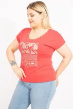 Kadın Nar Büyük Beden V Yakalı Ön Baskılı Bluz 65N35655