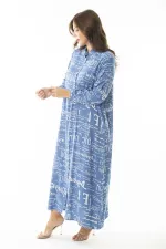 Kadın Büyük Beden Mavi Dokuma Viskon Kumaş Ön Boy Düğmeli Uzun Kollu Elbise 65N36872