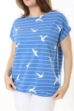 Kadın Büyük Beden Mavi Pamuk Kumaş Etek Ucu Lastikli Düşük Kollu Bluz 65N37896