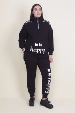 Kadın Gri Pat Fermuar Detaylı Şardonlu Baskılı Eşofman Takım 65N21019