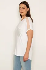 KADIN KEMİK OMUZLARI TÜL VE PETO CEBİ TAŞ DETAYLI VİSKON BLUZ