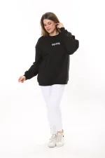 Kadın Büyük Beden Siyah Pamuk Kumaş Nakış Yazılı Sweatshirt 65N37616