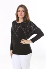 Kadın Büyük Beden Siyah Taş Detaylı Yarasa Kol Bluz 65N37804