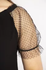 Kadın Kırmızı Büyük Beden Kolları Tül Yakası Lastik Detaylı Etek Ucu Katlı Elbise