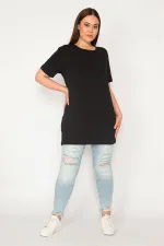 Kadın Siyah Büyük Beden Bisiklet Yakalı Kısa Kollu Oversize Bluz