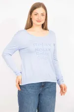 Kadın Bebe Mavisi Büyük Beden Bisiklet Yakalı Ön Baskılı Bluz 65N35567