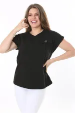 Kadın Büyük Beden Siyah Rahat Kesim Göğüs Cepli Kısa Kollu Bluz 65N37856