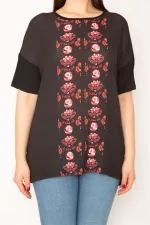 KADIN SİYAH ÖN DESENLİ KISA KOLLU BLUZ