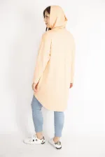 Kadın Somon Büyük Beden Payet Detaylı Kapşonlu Arkası Uzun Sweatshirt