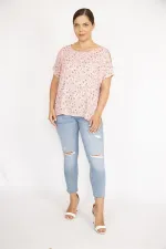 Kadın Pembe Büyük Beden Dokuma Viskon Kumaş Omuz Dekolteli Çiçek Desenli Bluz