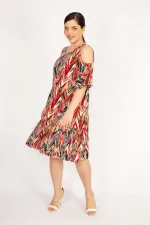 Kadın Fujya Büyük Beden Omuz Dekolteli Dokuma Viskon Kumaş Yan Cepli Elbise