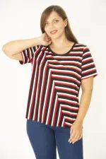 Kadın Büyük Beden Siyah Bisiklet Yakalı Çizgi Kombinli Bluz 65N36935