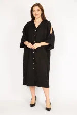 Kadın Camel Büyük Beden Omuz Dekolteli Ön Düğmeli Elbise