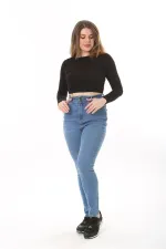 Kadın Büyük Beden Mavi Yüksek Bel Dar Paçalı Likralı 5 Cep Kot Pantolon 65N37642