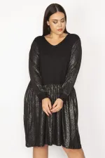 Kadın Siyah Etek Kısmı Ve Kolları Lak Detaylı Viskon Elbise 65N29932