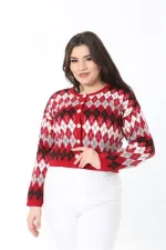 Kadın Büyük Beden Kırmızı Baklava Desen Ön Düğmeli Triko Hırka 65N38863