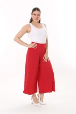 Kadın Büyük Beden Kırmızı Geniş Paçalı Beli Lastikli Likralı Sandy Kumaş Pantolon 65N37443