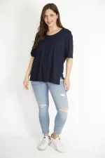 Kadın Lacivert Büyük Beden Önü İki Katlı Kısa Kollu Likralı Bluz