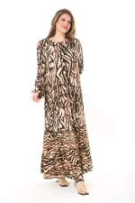 Kadın Kahve Dokuma Viskon Kumaş Eteği Katlı Uzun Kollu Elbise 65N37867