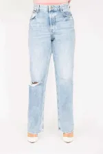 Kadın Büyük Beden Mavi Yıkama Efektli Yırtık Detaylı Yüksek Bel Kot Pantolon 65N37274