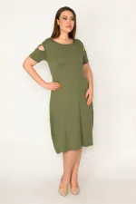 KADIN HAKİ OMUZ DEKOLTELİ VİSKON ELBİSE