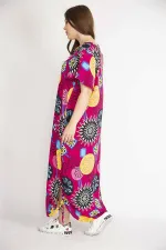 Kadın Fujya Büyük Beden Dokuma Viskon Kumaş Yaka Ve Yırtmacı Bağcık Detaylı Uzun Elbise