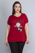 Kadın Bordo Baskı Detaylı Düşük Kol Bluz 65N22675