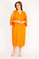 Kadın Camel Büyük Beden Omuz Dekolteli Ön Düğmeli Elbise