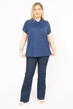 Kadın Lacivert Büyük Beden Polo Yakalı Yan Şeritli Spor Bluz 65N35771