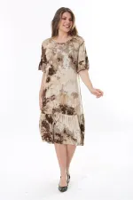 Kadın Büyük Beden Kahve Batik Desenli Kısa Kollu Etek Ucu Katlı Elbise 65N37764