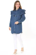 Kadın Büyük Beden Lacivert Volan Detaylı Ön Düğmeli Kot Tunik 65N37891