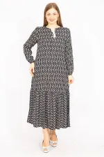 Kadın Siyah Dokuma Viskon Kumaş Etek Ucu Katlı Uzun Kollu Elbise 65N35511