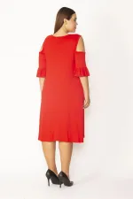 Kadın Haki Omuz Dekolteli Göğüs Büzgü Ve Kol Volan Detaylı Viskon Elbise 65N27447