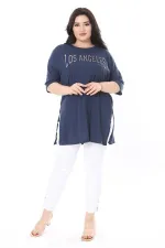 Kadın Büyük Beden Lacivert Sim Detaylı Bisiklet Yaka Yan Yırtmaçlı Kısa Kollu Bluz