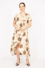 Kadın Bej Büyük Beden Dokuma Viskon Kumaş Eteği Anvelop Beli Lastikli Elbise 65N35832