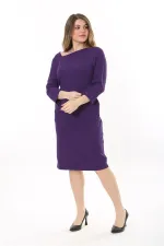 Kadın Büyük Beden Mor Likralı Krep Kumaş Astarlı Gizli Fermuarlı Elbise 65N37656