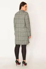 KADIN GRİ EKOSE DESENLİ ASTARSIZ ÖN DÜĞMELİ CEPLİ UZUN CEKET