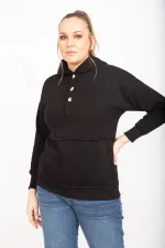 Kadın Siyah İçi Şardonlu 2 İplik Kumaş Ön Pat Düğmeli Kanguru Cep Ve Kapşonlu Sweatshirt 65N35462