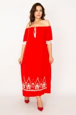 Kadın Kırmızı Karmen Yaka Nakış Ve Püskül Detaylı Uzun Elbise 65N33437