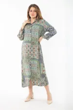 Kadın Büyük Beden Renkli Dokuma Viskon Kumaş Ön Düğmeli Elbise 65N37351