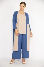 Kadın Büyük Beden İndigo Hırka İç Bluz Ve Pantolon Üçlü Takım