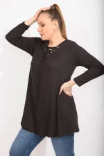 Kadın Antrasit Rahat Kesim Kaşkorse Kumaş Yakası Kuşgözü Bağcık Detaylı Uzun Tunik 65N35499